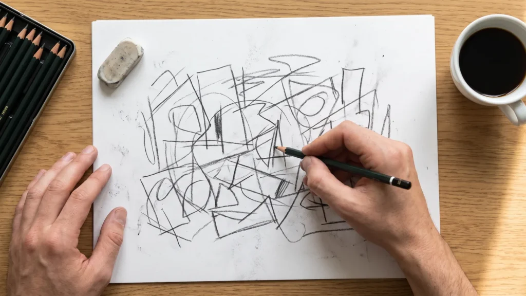 Recherches de logo au crayon sur papier